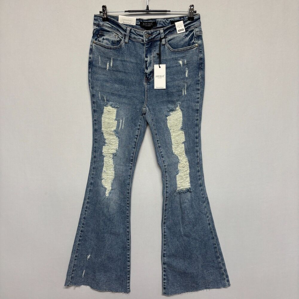 NWT Judy Blue High Waist Flare Jeans Size 11/30 Blue Denim Distressed C132 -30